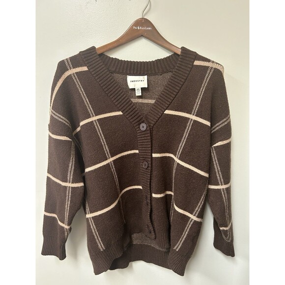 Industry Women’s Sweater Brown Plaid Grandpa Fuzzy Cardigan Button Gorpcore S/P - Picture 1 of 5